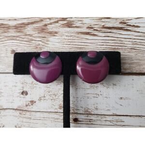 Vintage Clip On Earrings - Mauve/Purple & Black Circle Retro 0.75"